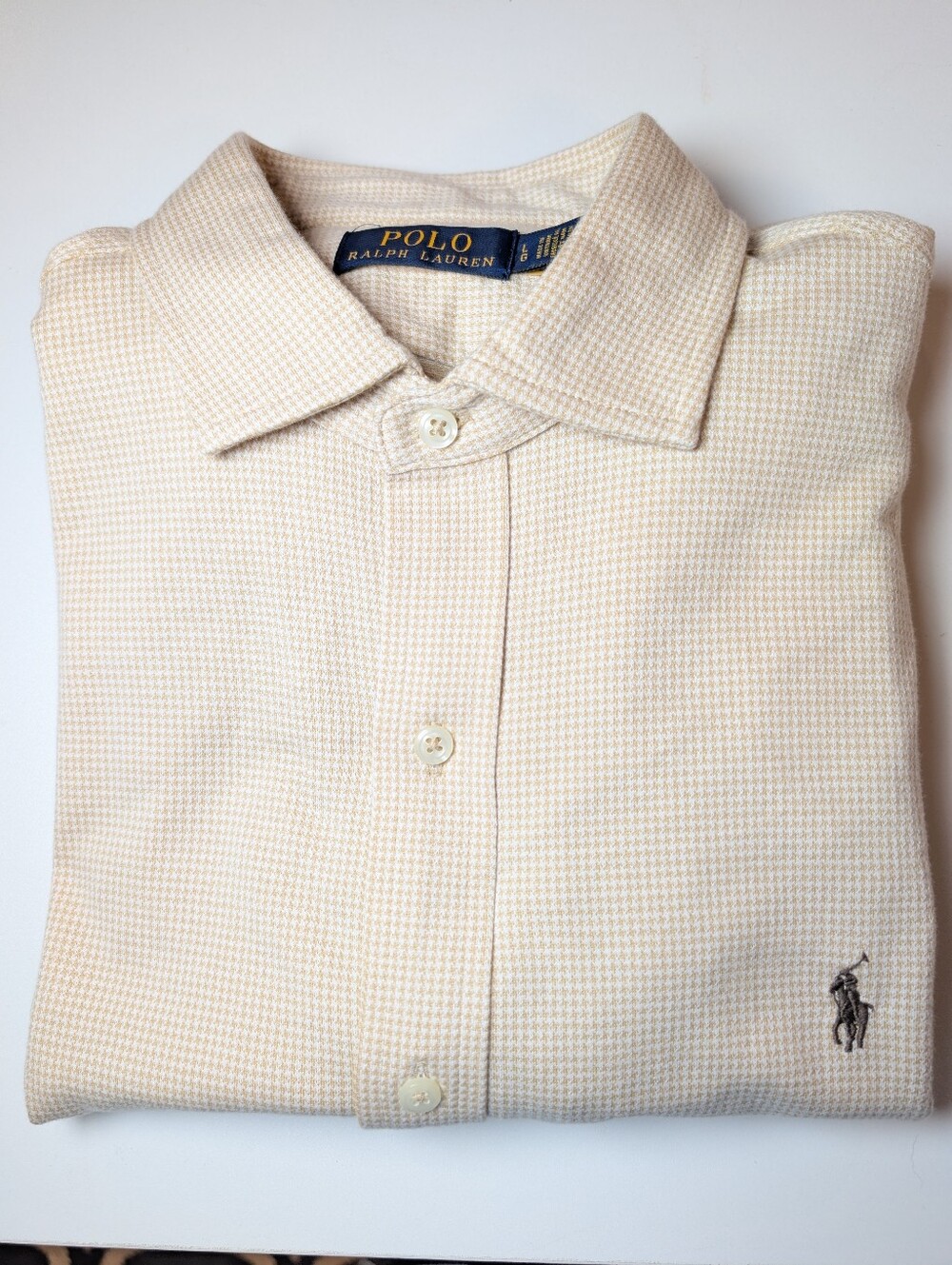 Polo Ralph Lauren Men's Tan/White Houndstooth Knit Button Down Shirt Large EUC